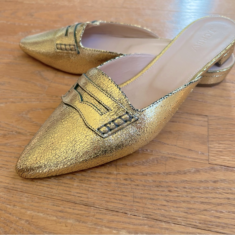 J Crew gold leather, crackled metallic “smoking mules,” nearly NWOT